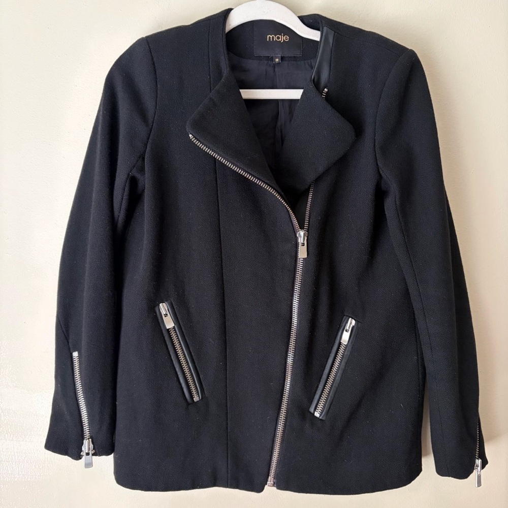 Maje | Wool Blend & Leather Asymmetrical Full Zip Jacket Moto Black Small - Picture 2 of 8